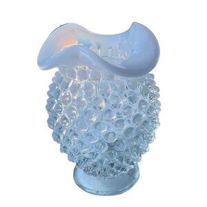 Fenton Vintage White Hobnail Opalescent Milk Glass Vase Petite Ruffled Edge Deco
